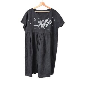 European Made Black Linen Dress Moon Star Floral Celestial Art Midi Pockets M/L